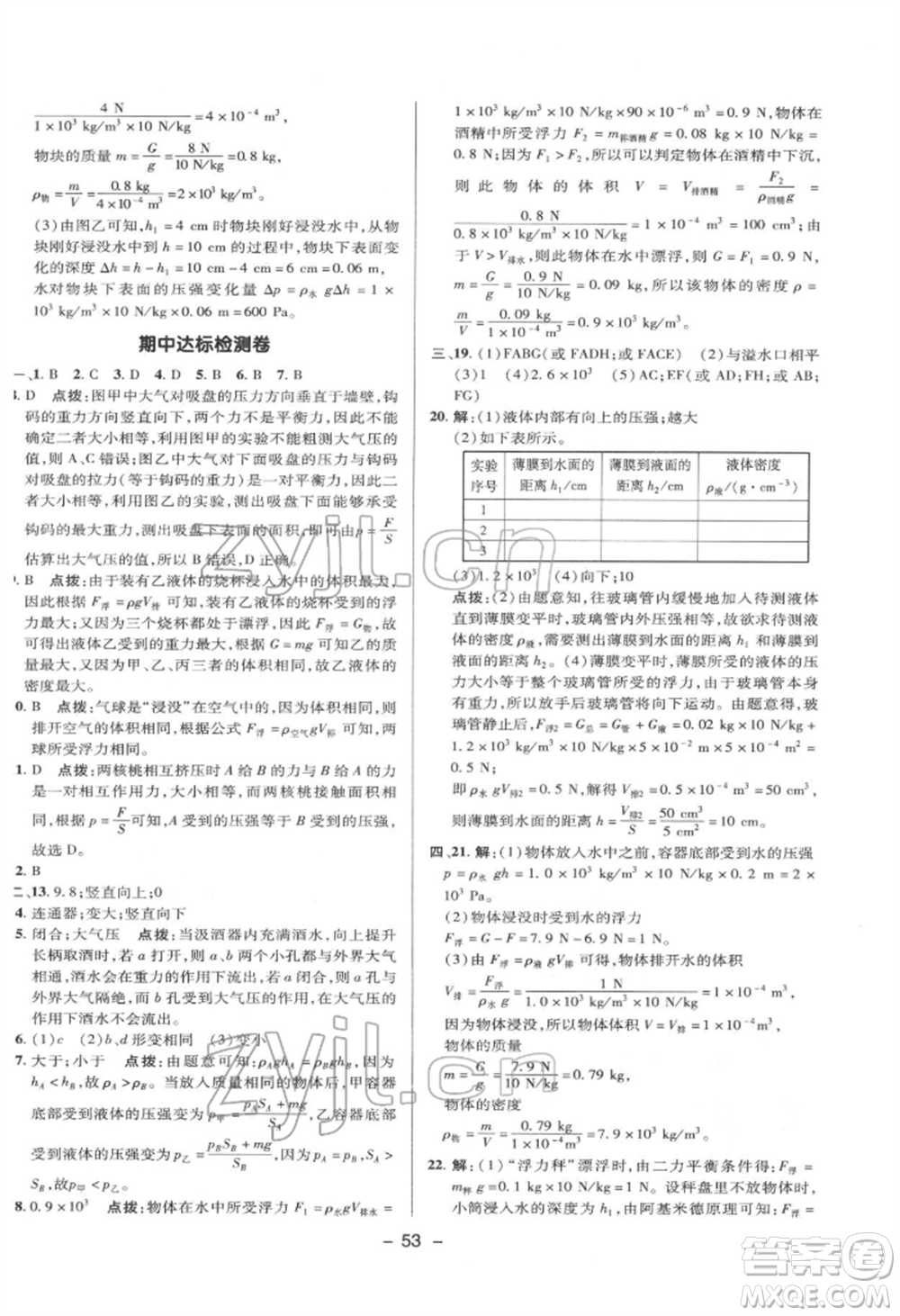 陜西人民教育出版社2022典中點綜合應(yīng)用創(chuàng)新題八年級物理下冊滬科版參考答案