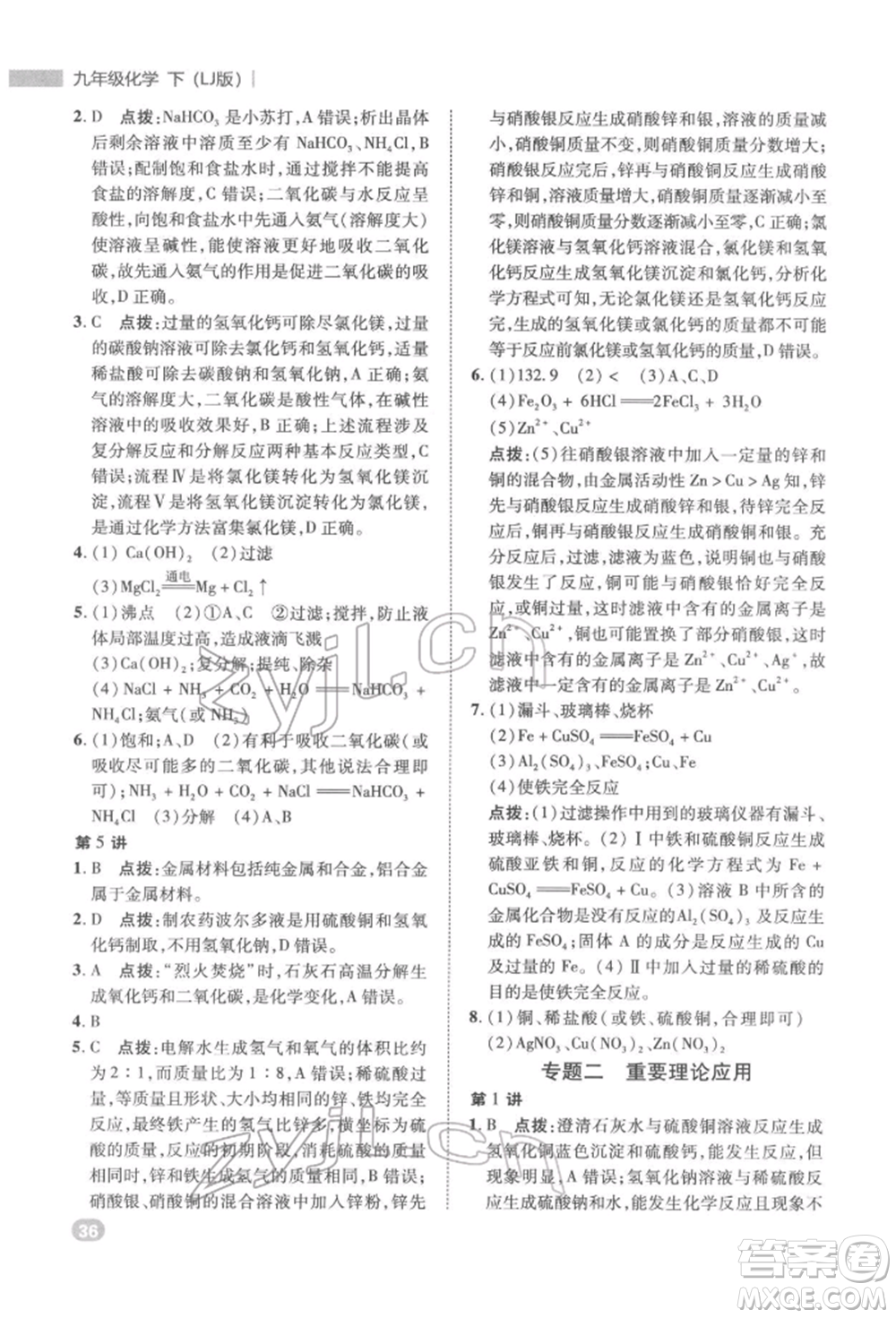 陜西人民教育出版社2022典中點綜合應(yīng)用創(chuàng)新題九年級化學(xué)下冊人教版參考答案