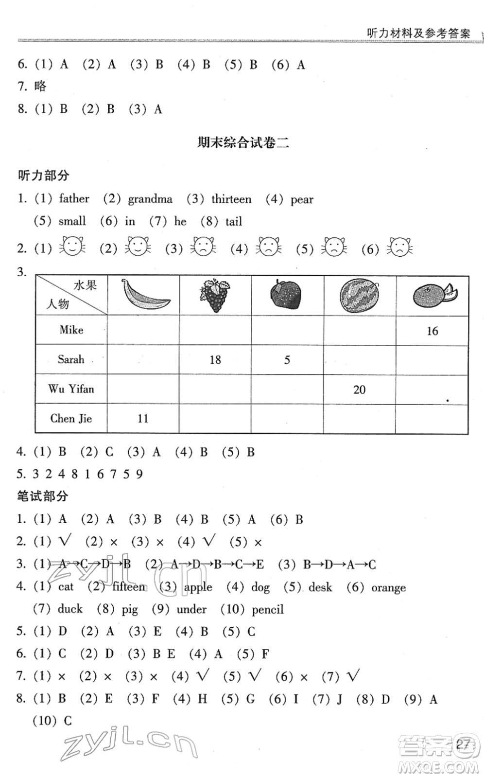 浙江少年兒童出版社2022同步課時(shí)特訓(xùn)三年級(jí)英語下冊(cè)R人教版答案