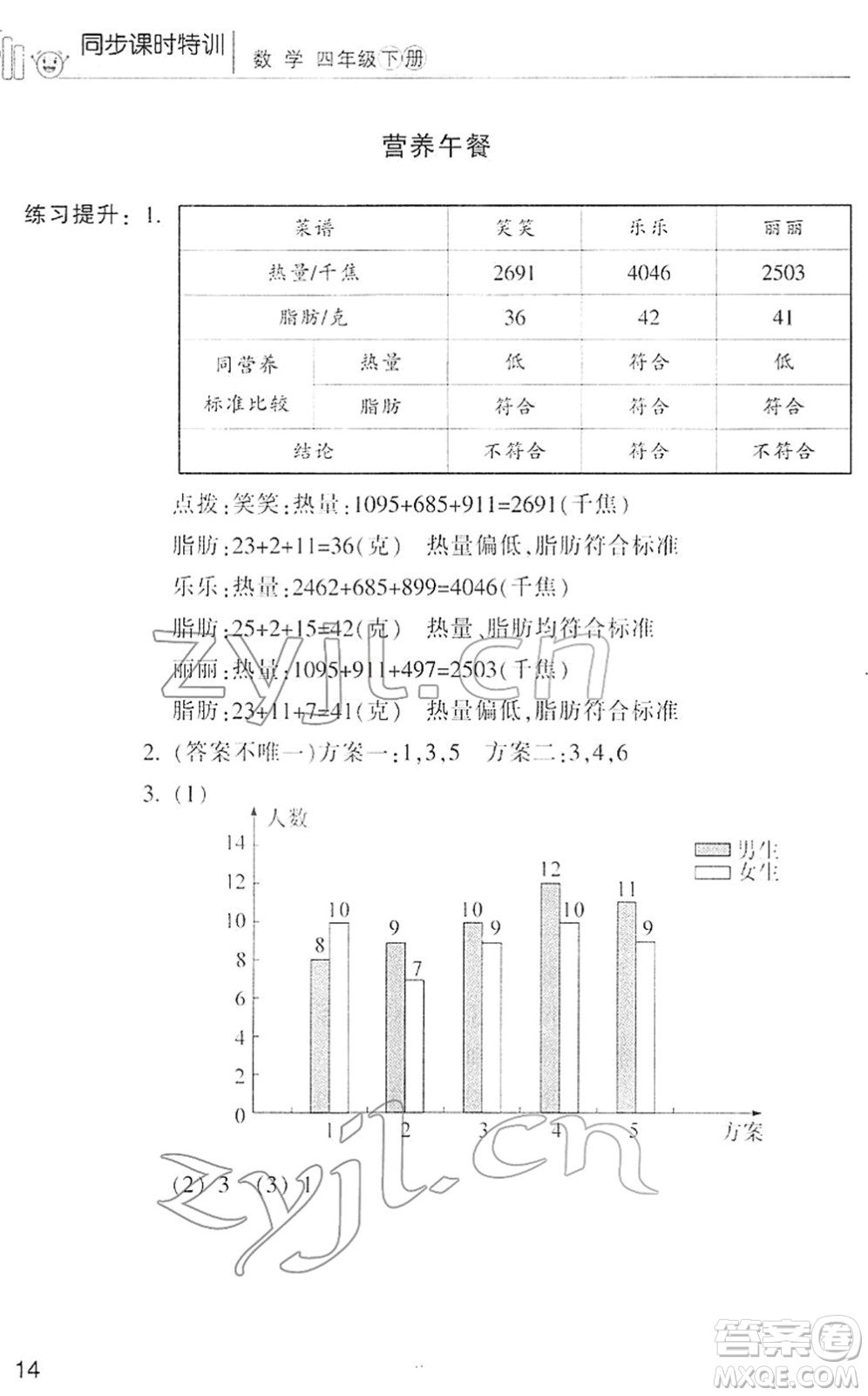 浙江少年兒童出版社2022同步課時特訓(xùn)四年級數(shù)學(xué)下冊R人教版答案