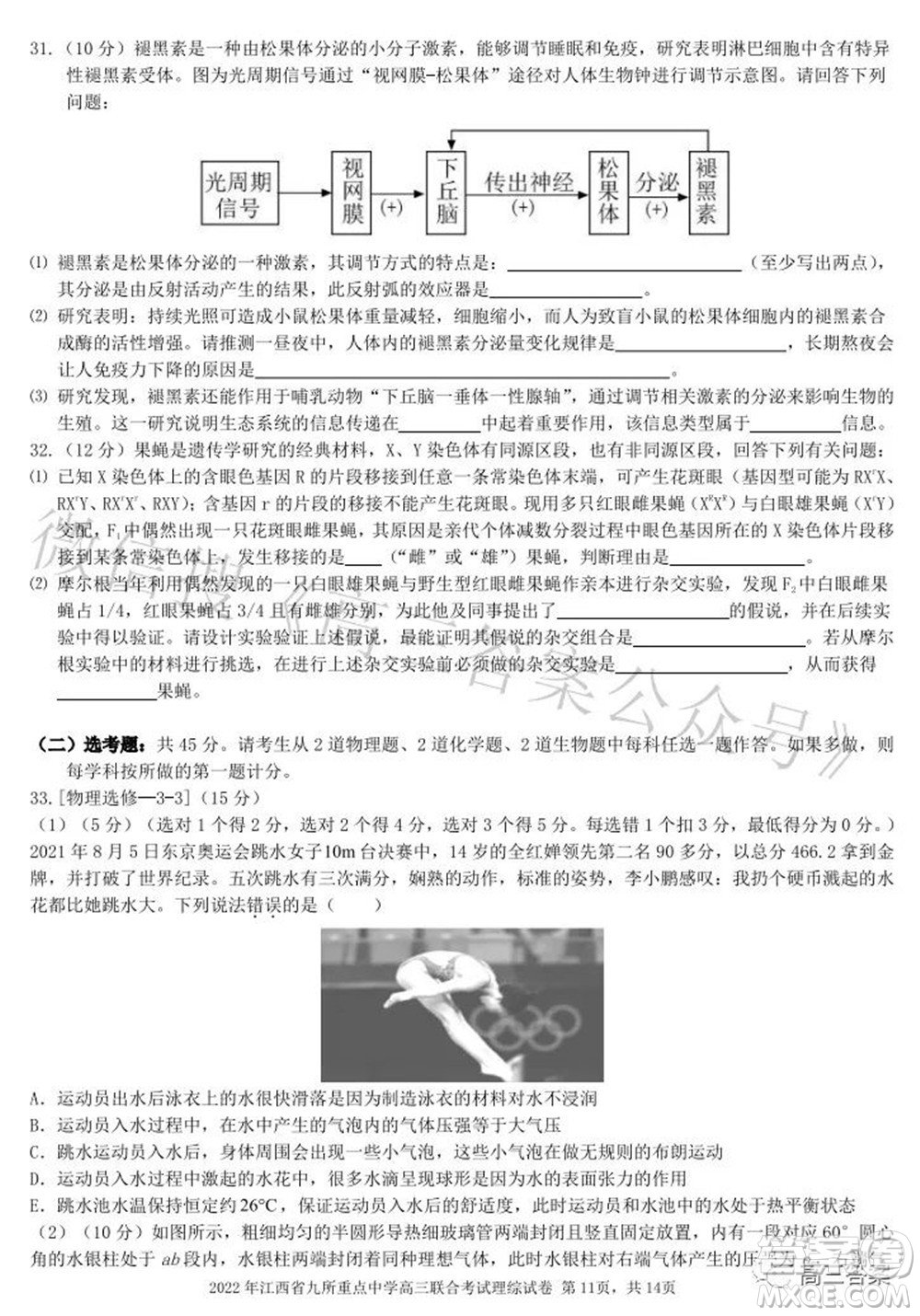 2022年江西省九校高三聯合考試理科綜合試題及答案