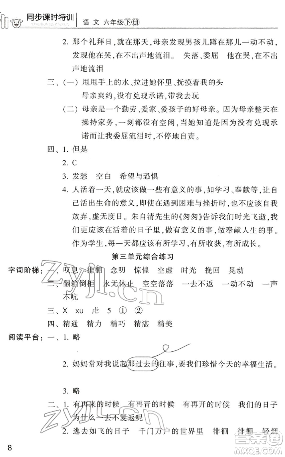 浙江少年兒童出版社2022同步課時(shí)特訓(xùn)六年級語文下冊R人教版答案