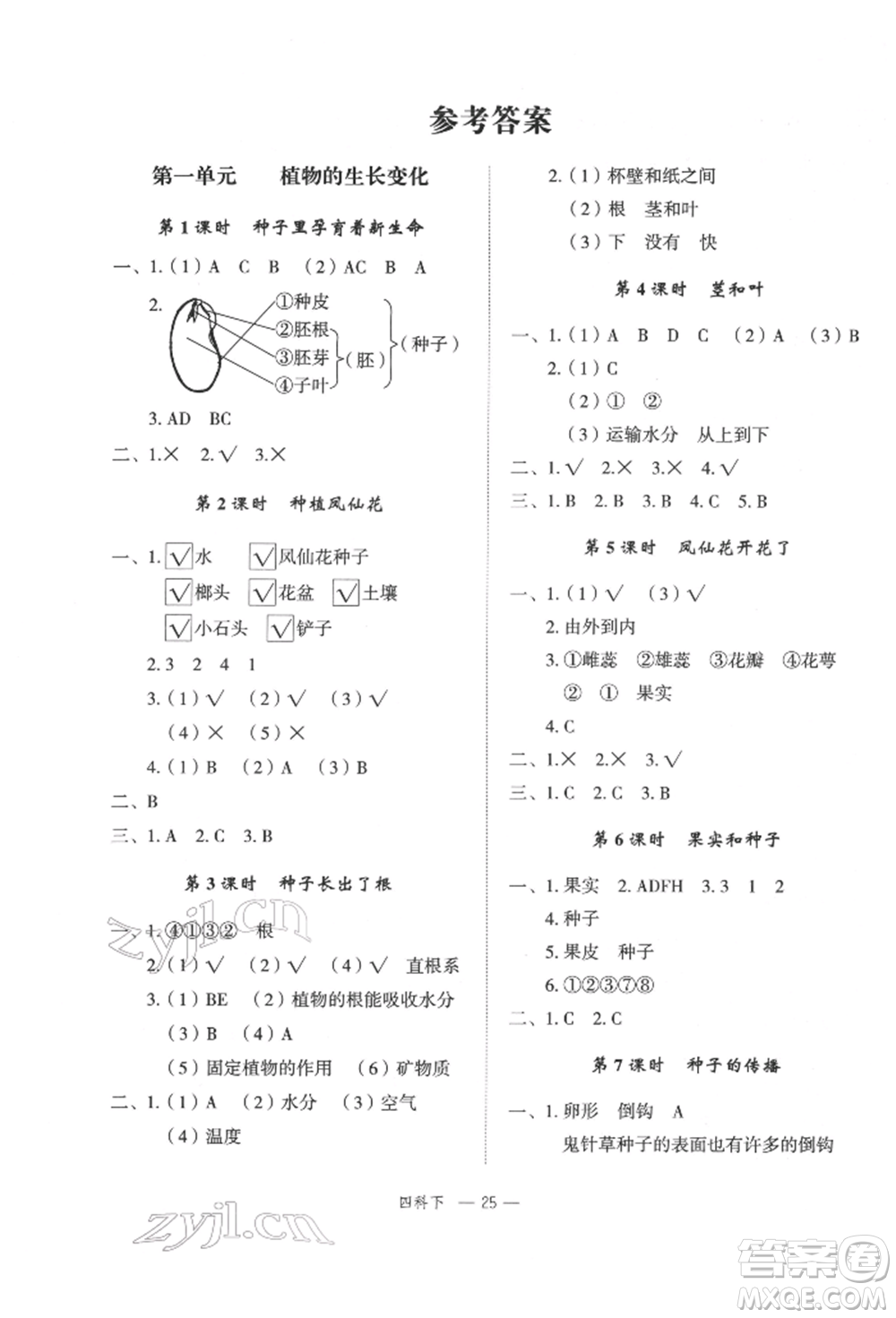 浙江工商大學出版社2022名師面對面先學后練四年級科學下冊教科版參考答案