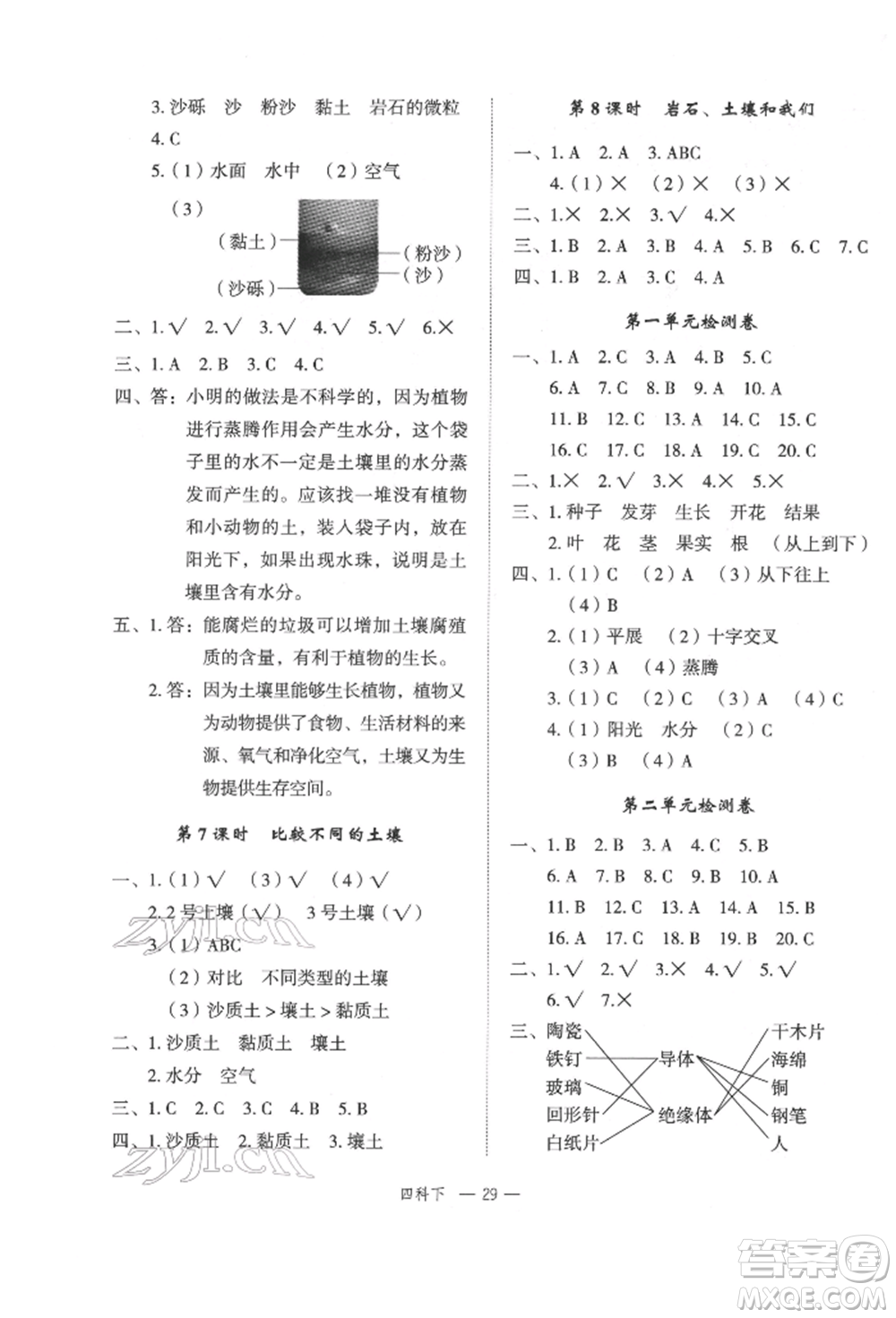 浙江工商大學出版社2022名師面對面先學后練四年級科學下冊教科版參考答案