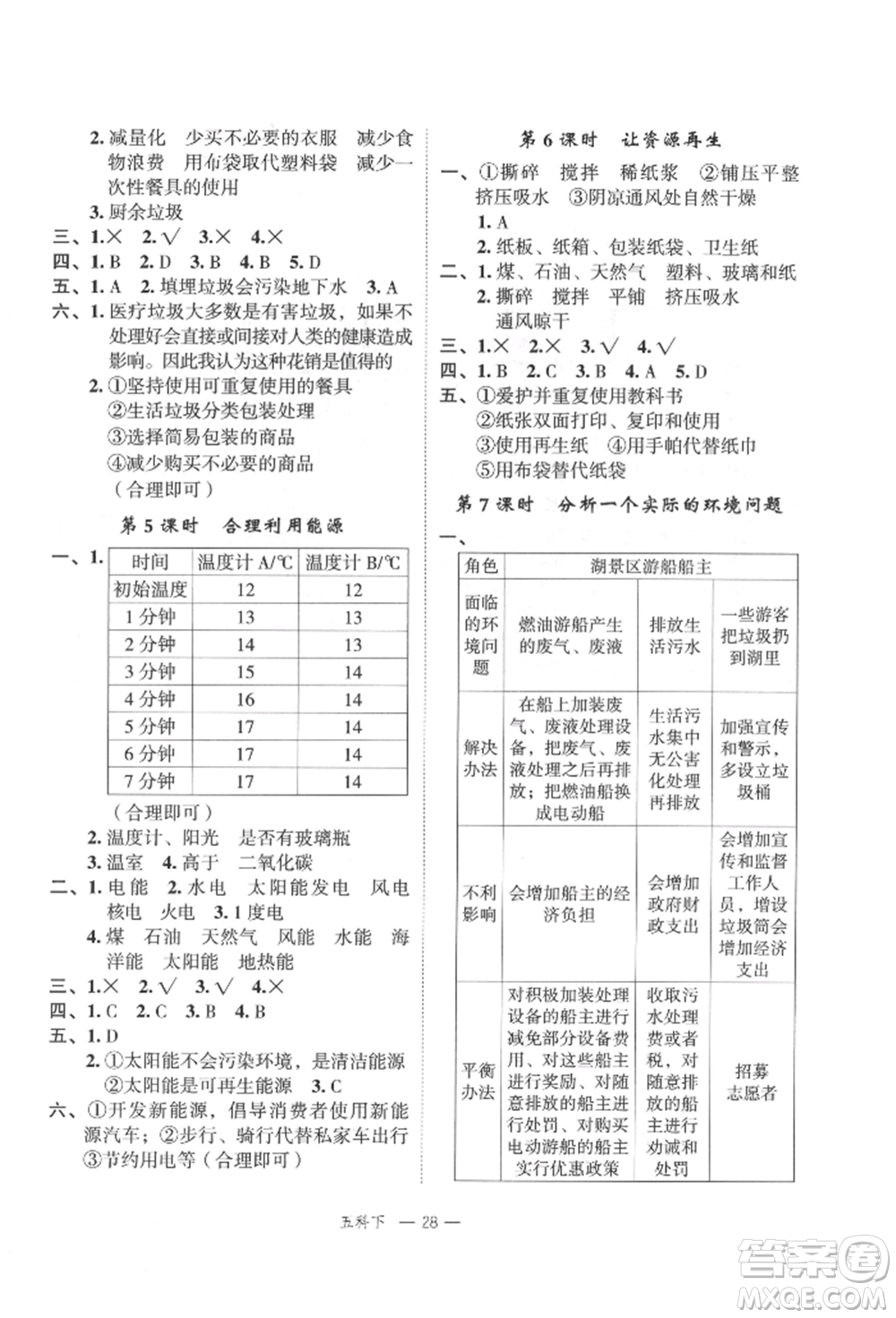 浙江工商大學(xué)出版社2022名師面對面先學(xué)后練五年級科學(xué)下冊教科版參考答案