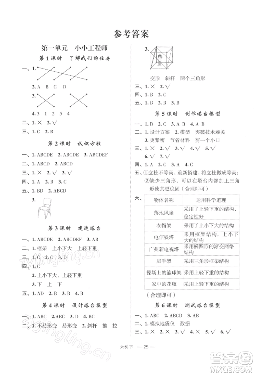 浙江工商大學出版社2022名師面對面先學后練六年級科學下冊教科版參考答案