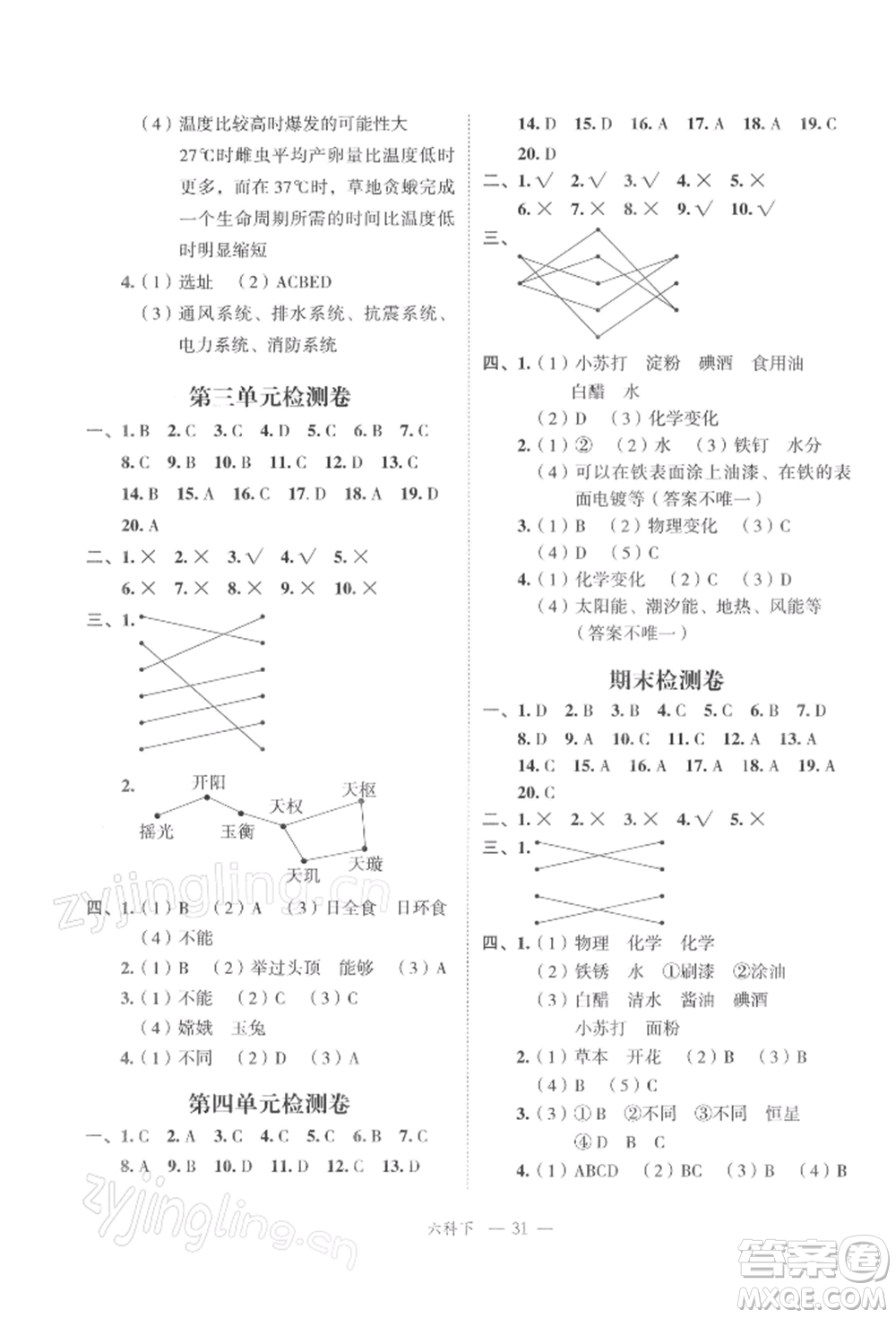 浙江工商大學出版社2022名師面對面先學后練六年級科學下冊教科版參考答案