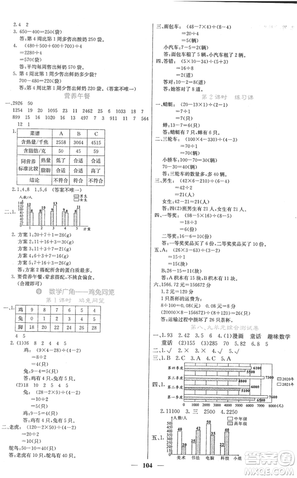 四川大學(xué)出版社2022名校課堂內(nèi)外四年級(jí)數(shù)學(xué)下冊(cè)RJ人教版答案