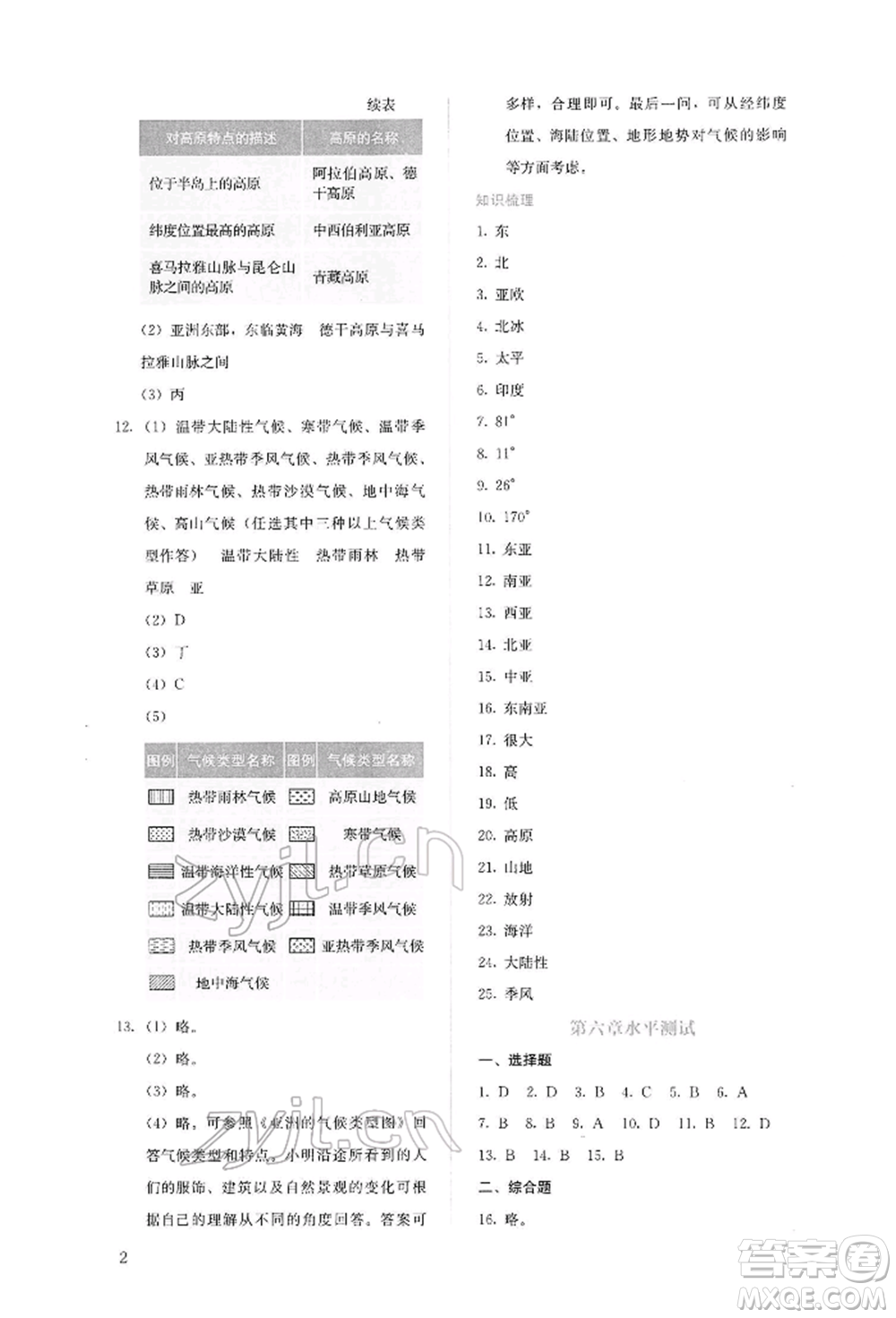 人民教育出版社2022同步解析與測評七年級下冊地理人教版參考答案