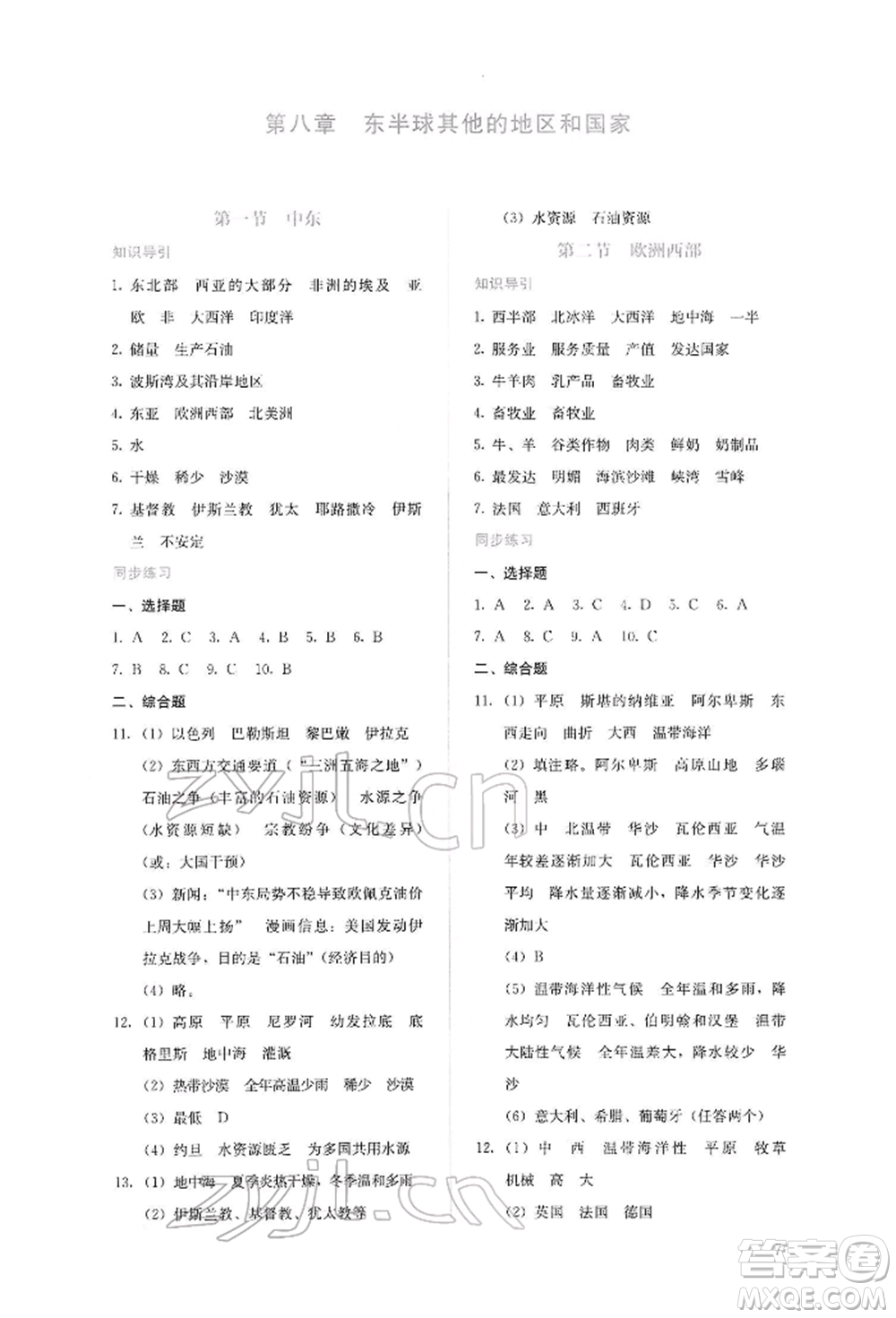 人民教育出版社2022同步解析與測評七年級下冊地理人教版參考答案