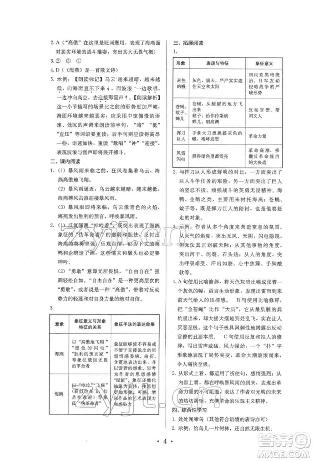 人民教育出版社2022同步解析與測評九年級下冊語文人教版參考答案