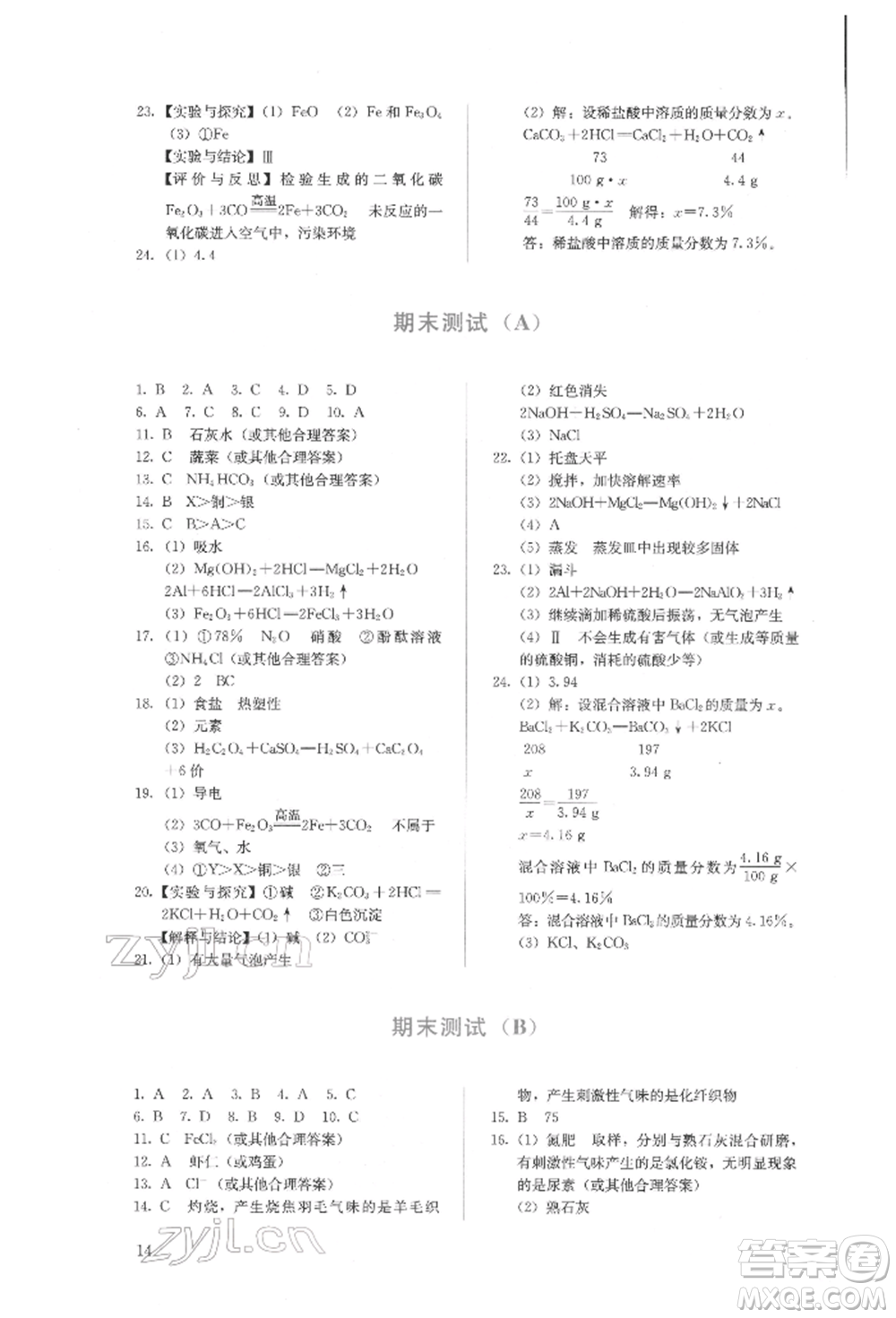 人民教育出版社2022同步解析與測(cè)評(píng)九年級(jí)下冊(cè)化學(xué)人教版山西專版參考答案