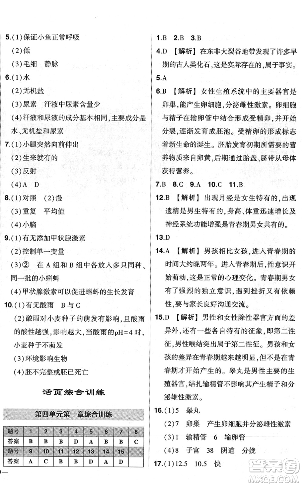 武漢出版社2022狀元成才路創(chuàng)優(yōu)作業(yè)七年級生物下冊R人教版答案