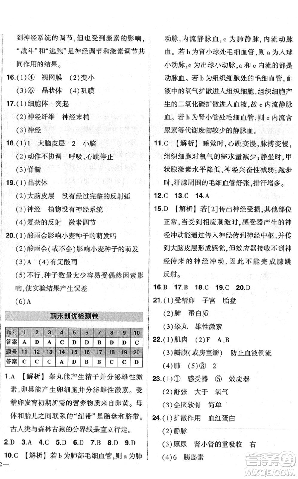 武漢出版社2022狀元成才路創(chuàng)優(yōu)作業(yè)七年級生物下冊R人教版答案