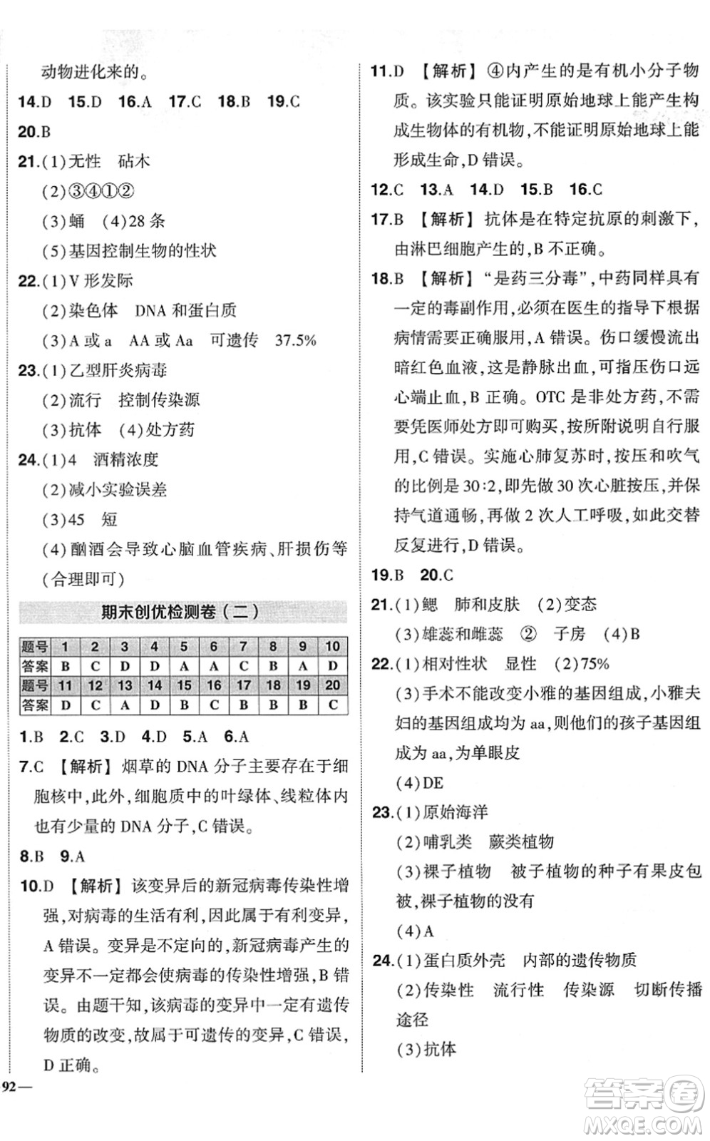 武漢出版社2022狀元成才路創(chuàng)優(yōu)作業(yè)八年級生物下冊R人教版答案