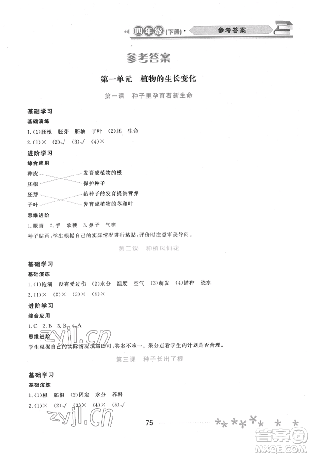 黑龍江教育出版社2022資源與評(píng)價(jià)四年級(jí)下冊(cè)科學(xué)教科版參考答案