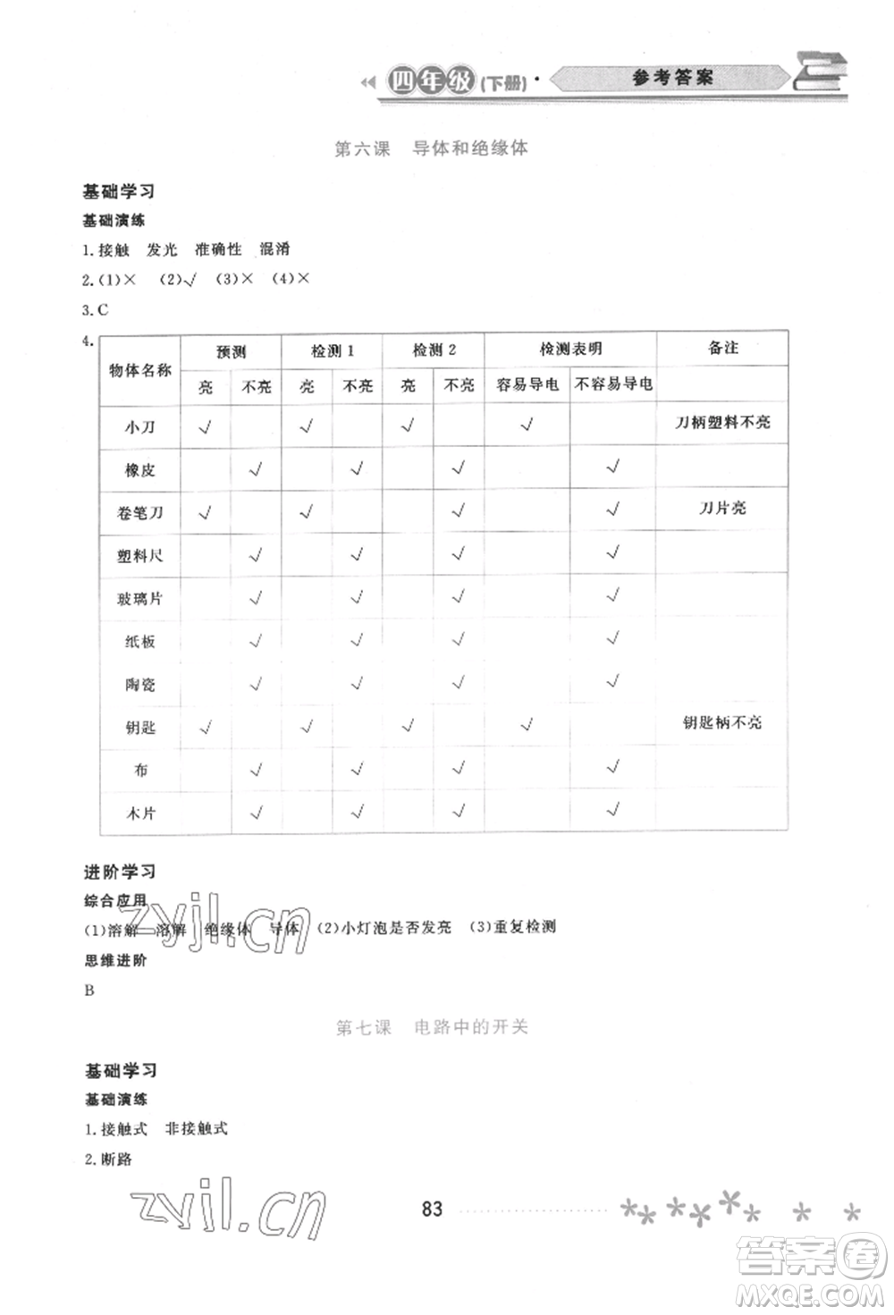 黑龍江教育出版社2022資源與評(píng)價(jià)四年級(jí)下冊(cè)科學(xué)教科版參考答案