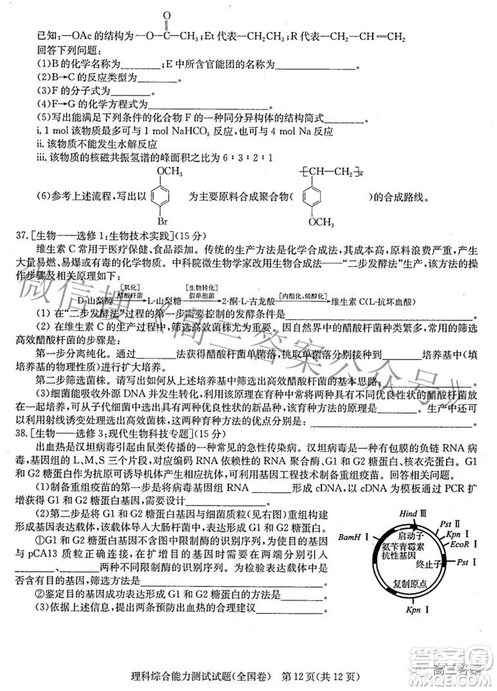 華大新高考聯(lián)盟2022屆高三3月教學質(zhì)量測評全國卷理科綜合試題及答案