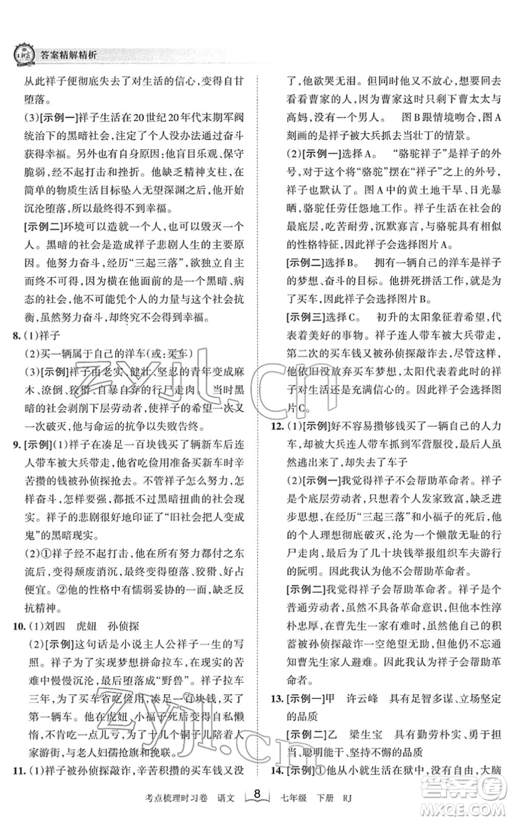 江西人民出版社2022王朝霞考點梳理時習卷七年級語文下冊RJ人教版答案