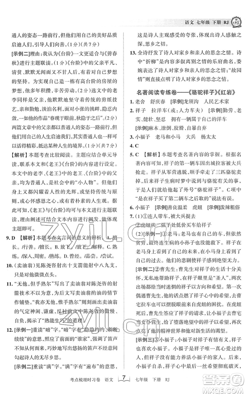 江西人民出版社2022王朝霞考點梳理時習卷七年級語文下冊RJ人教版答案