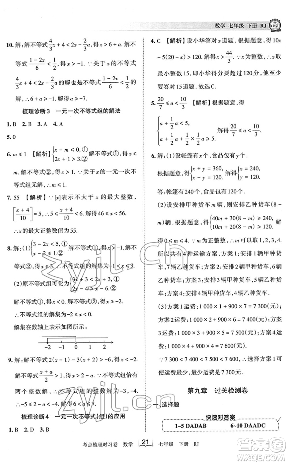 江西人民出版社2022王朝霞考點(diǎn)梳理時(shí)習(xí)卷七年級數(shù)學(xué)下冊RJ人教版答案