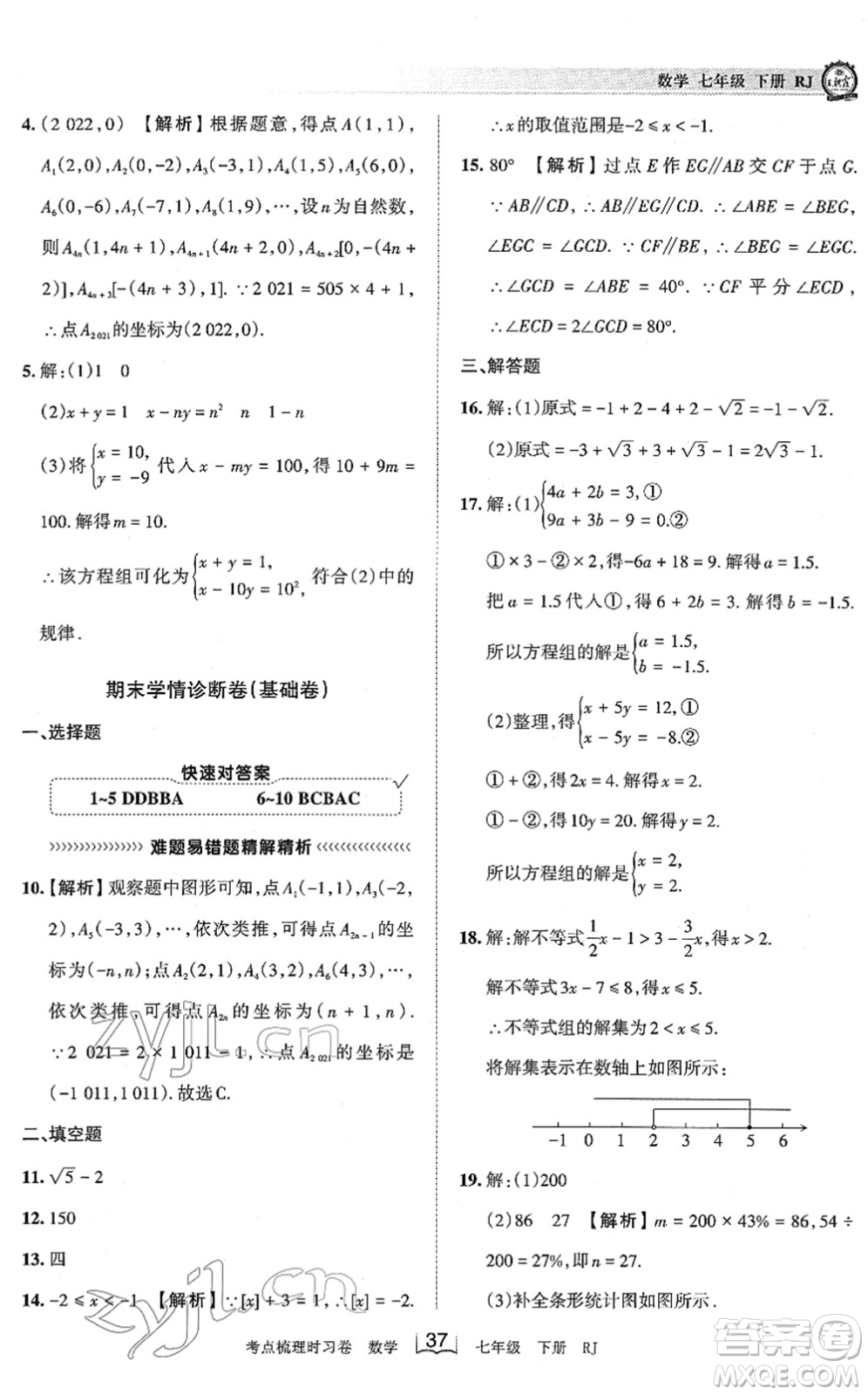 江西人民出版社2022王朝霞考點(diǎn)梳理時(shí)習(xí)卷七年級數(shù)學(xué)下冊RJ人教版答案