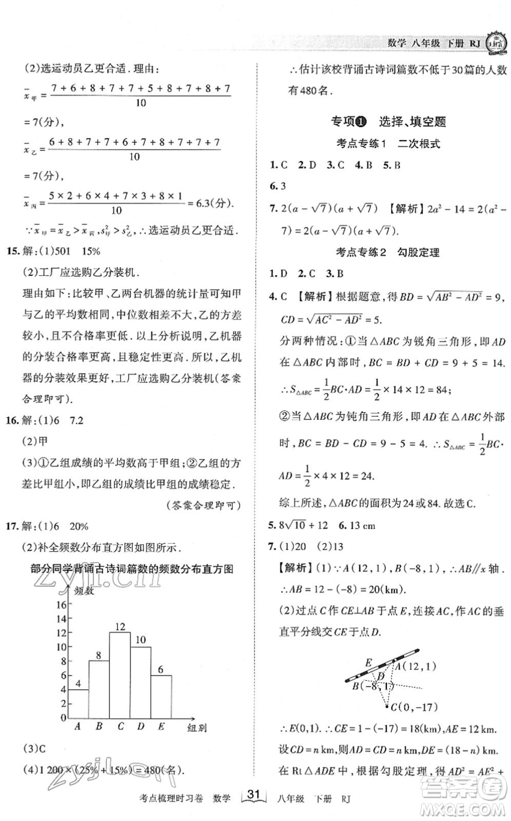 江西人民出版社2022王朝霞考點梳理時習(xí)卷八年級數(shù)學(xué)下冊RJ人教版答案