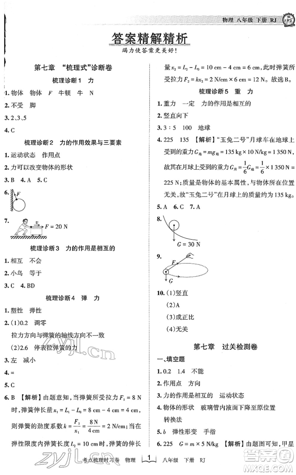 江西人民出版社2022王朝霞考點梳理時習卷八年級物理下冊RJ人教版答案