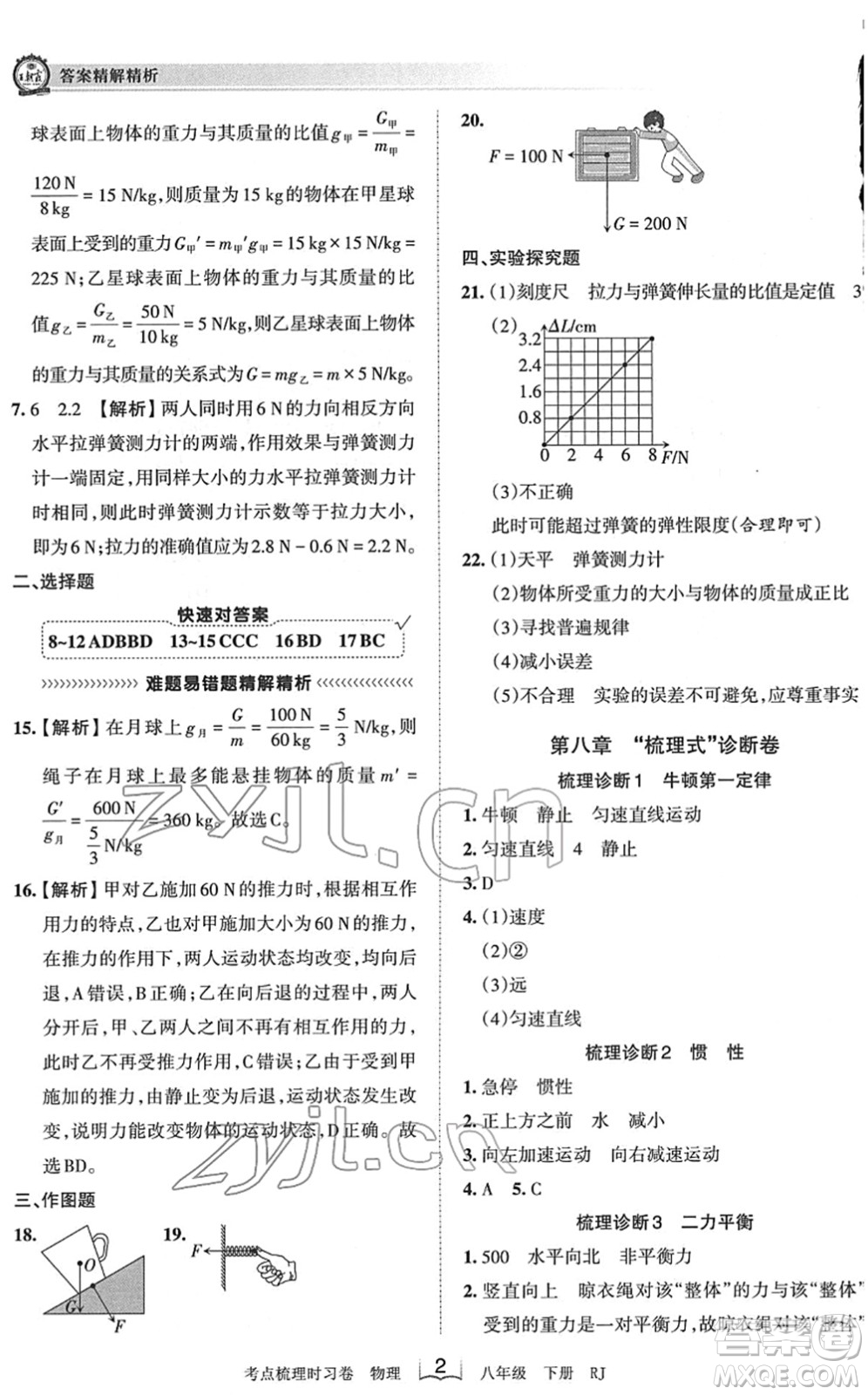 江西人民出版社2022王朝霞考點梳理時習卷八年級物理下冊RJ人教版答案