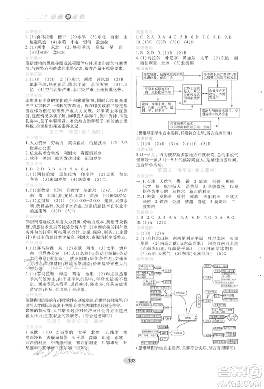 黑龍江教育出版社2022資源與評價七年級下冊地理人教版參考答案