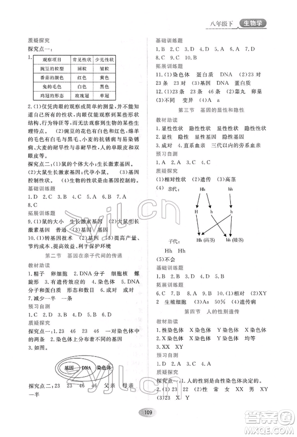 黑龍江教育出版社2022資源與評價八年級下冊生物學人教版大慶專版參考答案