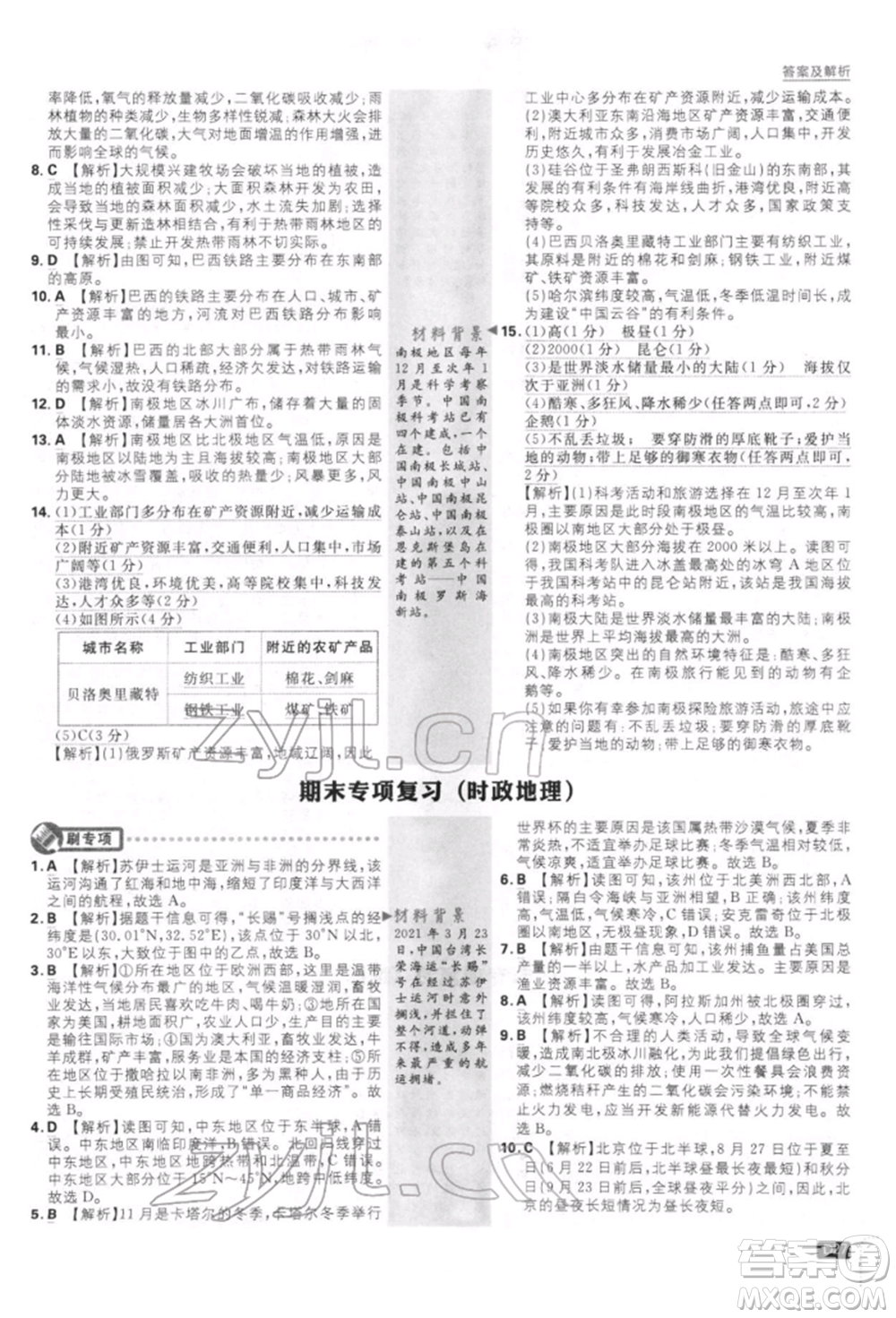 開明出版社2022初中必刷題七年級地理下冊人教版參考答案