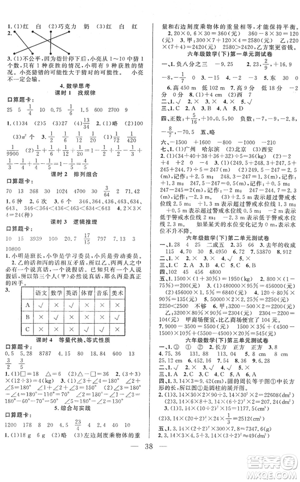 吉林教育出版社2022全優(yōu)計劃六年級數(shù)學(xué)下冊RJ人教版答案