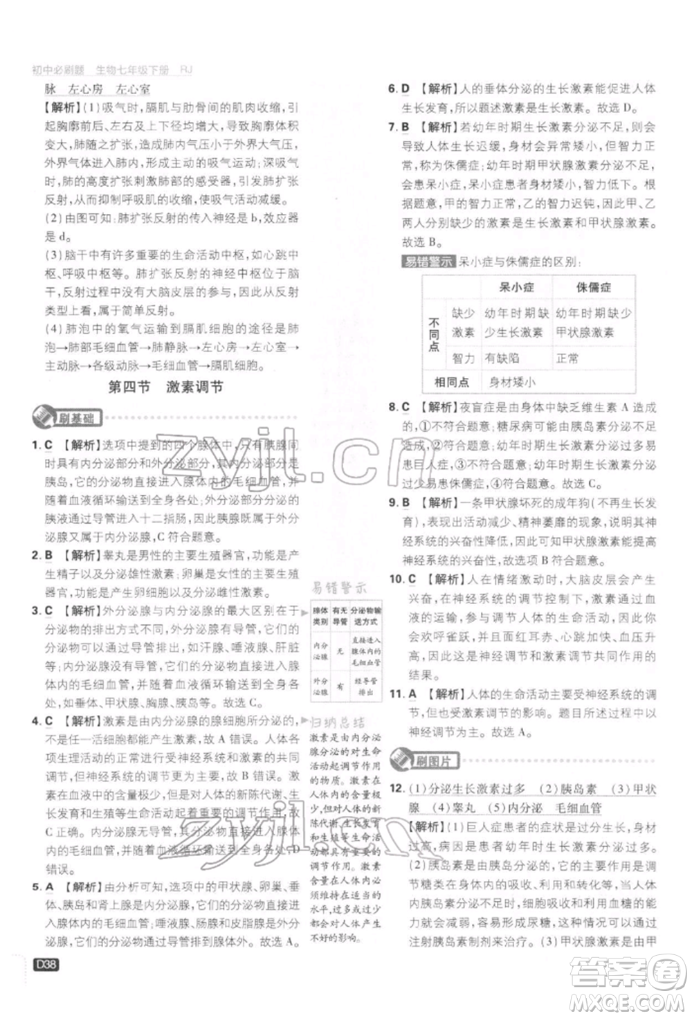 開明出版社2022初中必刷題七年級生物下冊人教版參考答案