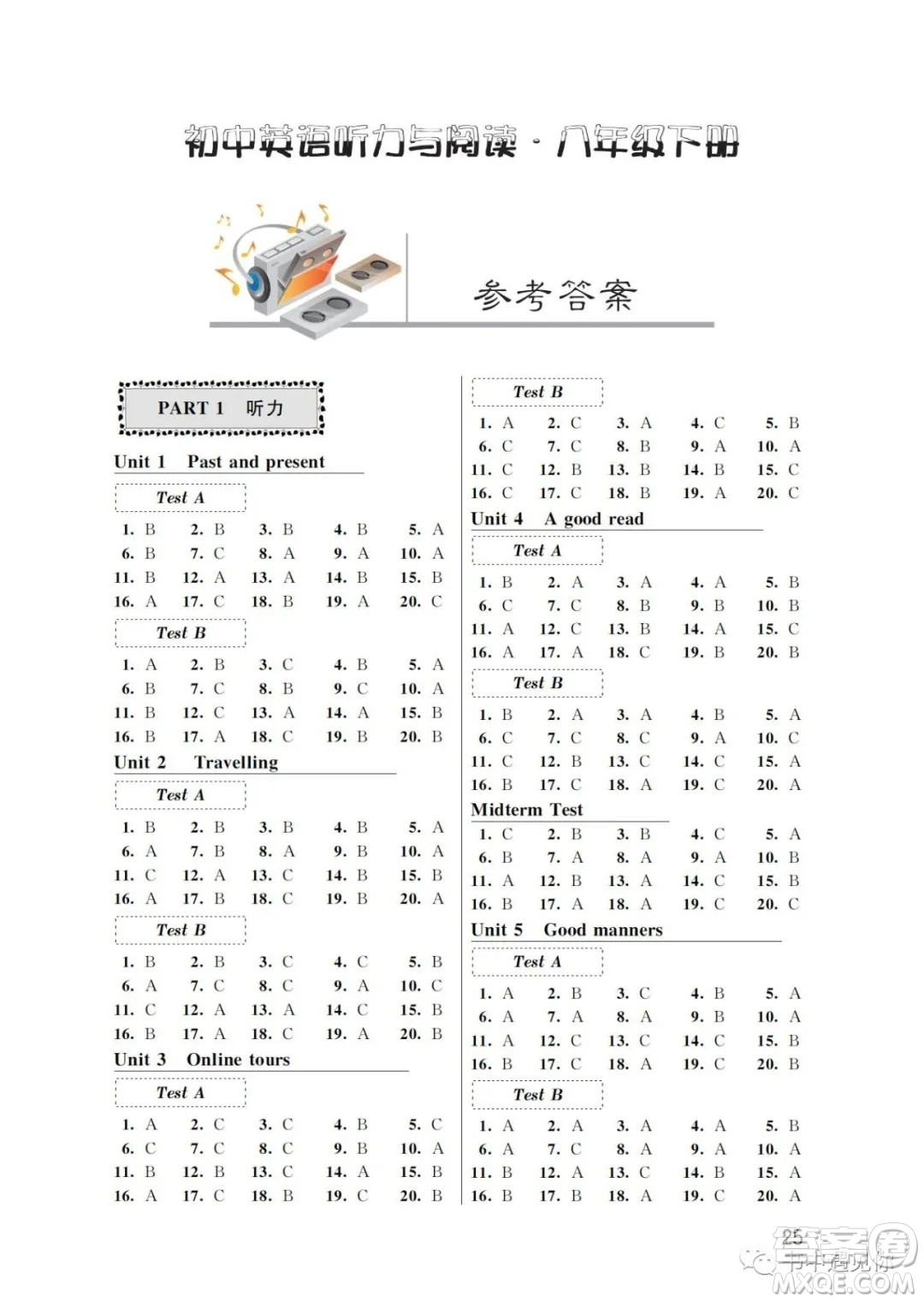 江蘇鳳凰科學(xué)技術(shù)出版社2022初中英語聽力與閱讀八年級下冊通用版參考答案