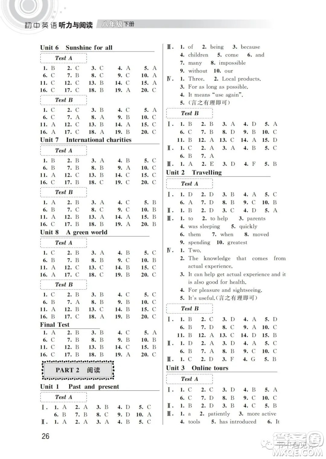 江蘇鳳凰科學(xué)技術(shù)出版社2022初中英語聽力與閱讀八年級下冊通用版參考答案