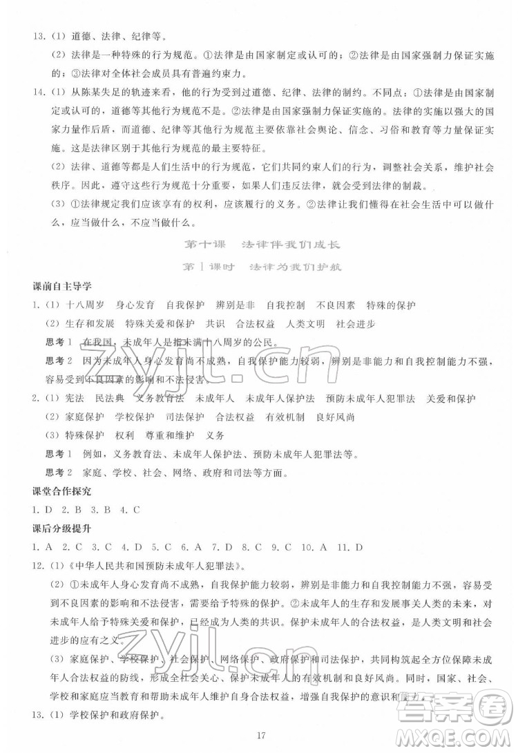 人民教育出版社2022同步輕松練習道德與法治七年級下冊人教版答案