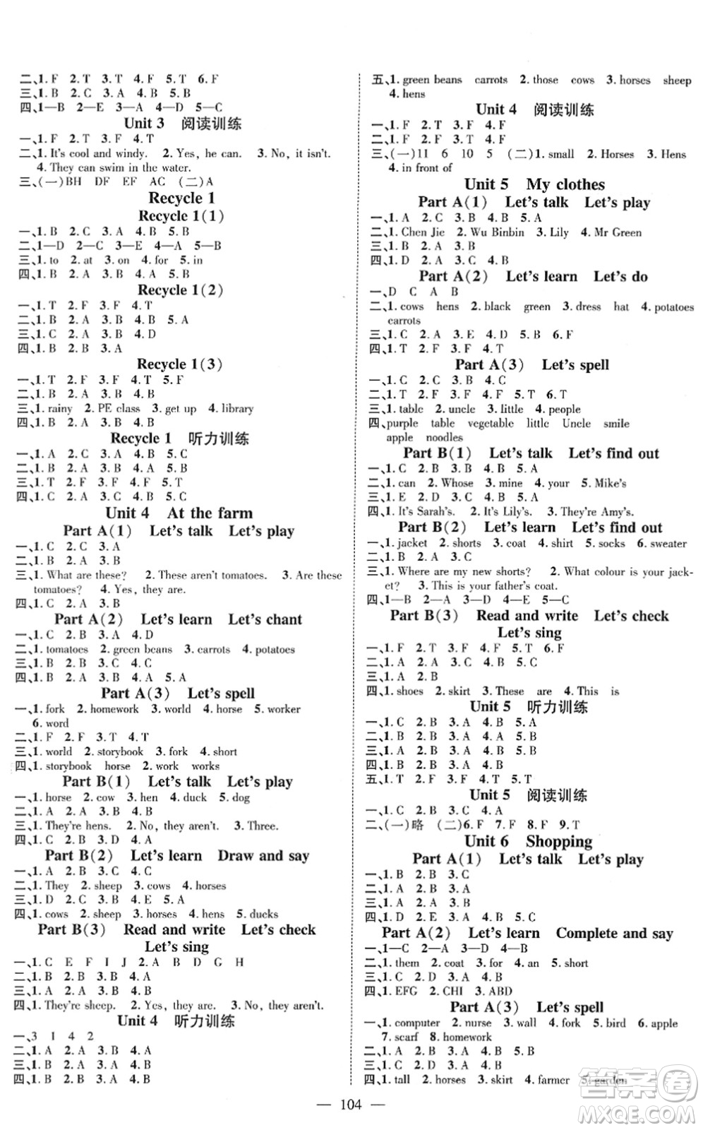 江西教育出版社2022名師測(cè)控四年級(jí)英語(yǔ)下冊(cè)RJ人教版答案