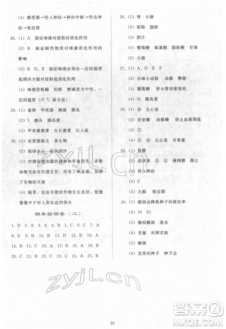 人民教育出版社2022同步輕松練習(xí)生物學(xué)七年級(jí)下冊(cè)人教版答案