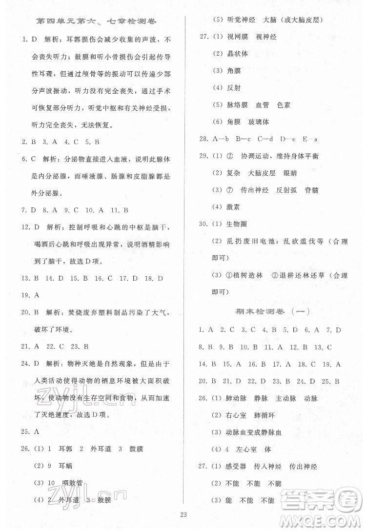 人民教育出版社2022同步輕松練習(xí)生物學(xué)七年級(jí)下冊(cè)人教版答案