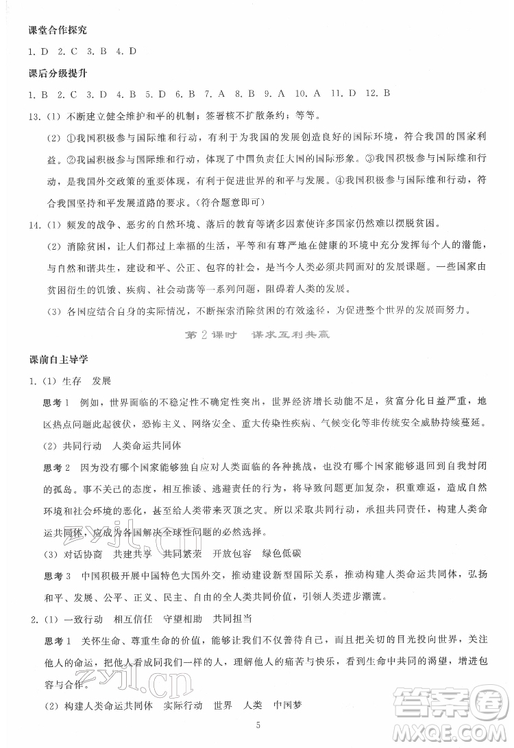 人民教育出版社2022同步輕松練習道德與法治九年級下冊人教版答案