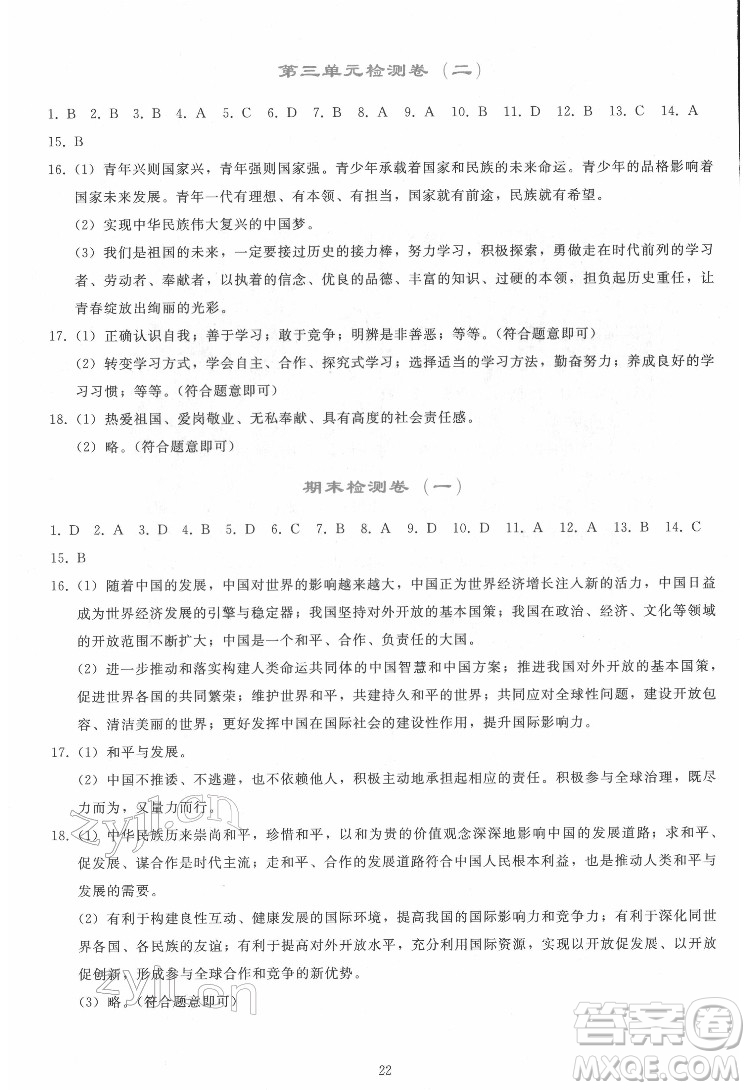 人民教育出版社2022同步輕松練習道德與法治九年級下冊人教版答案