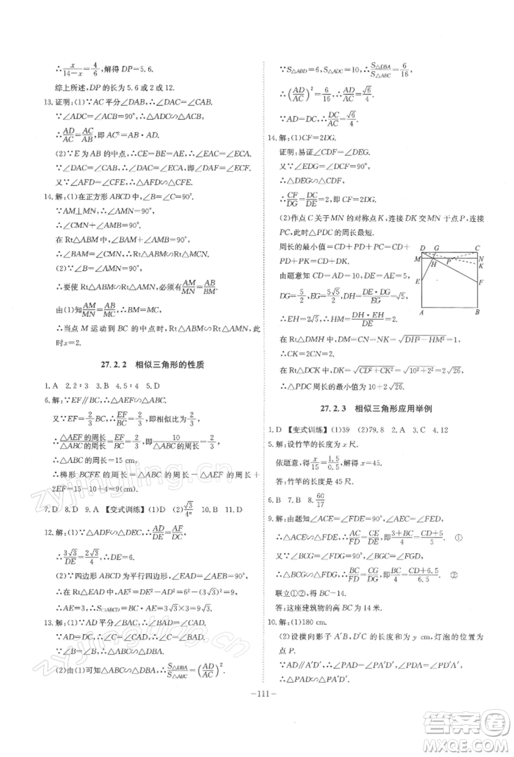 安徽師范大學(xué)出版社2022課時(shí)A計(jì)劃九年級(jí)下冊(cè)數(shù)學(xué)人教版參考答案