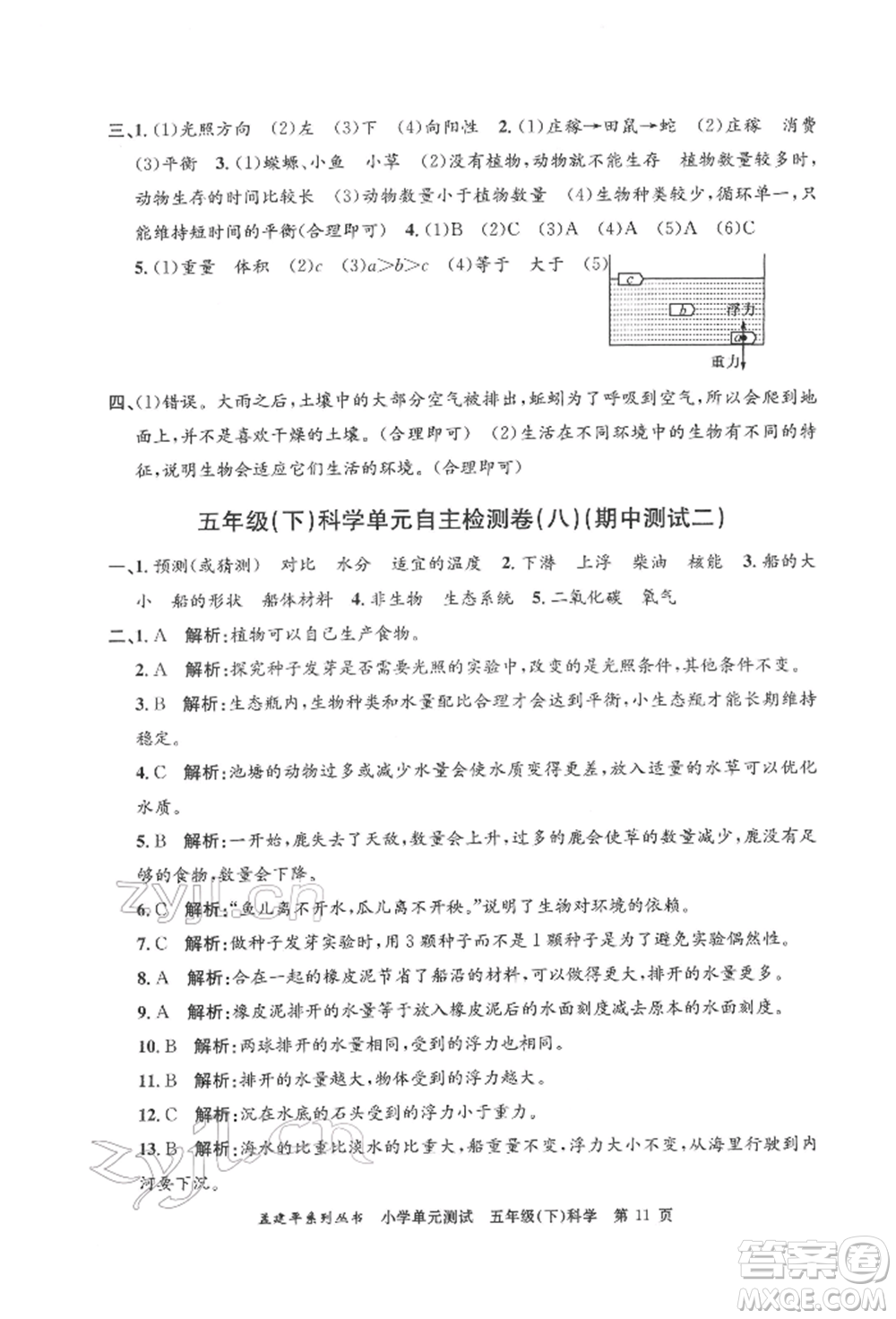 浙江工商大學(xué)出版社2022孟建平系列小學(xué)單元測(cè)試五年級(jí)下冊(cè)科學(xué)教科版參考答案