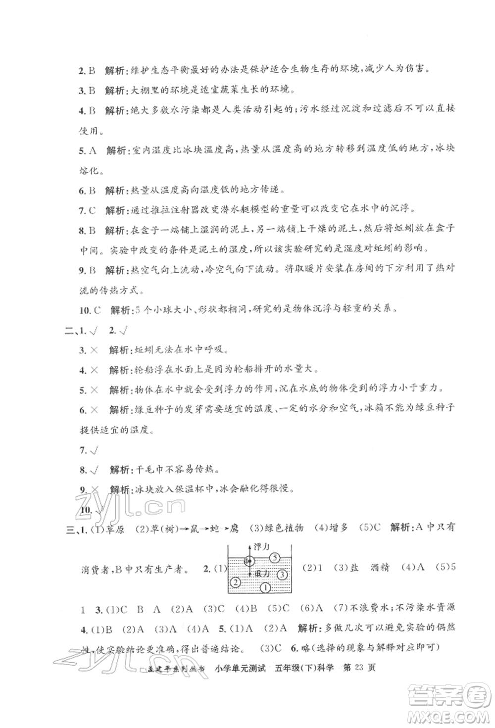 浙江工商大學(xué)出版社2022孟建平系列小學(xué)單元測(cè)試五年級(jí)下冊(cè)科學(xué)教科版參考答案