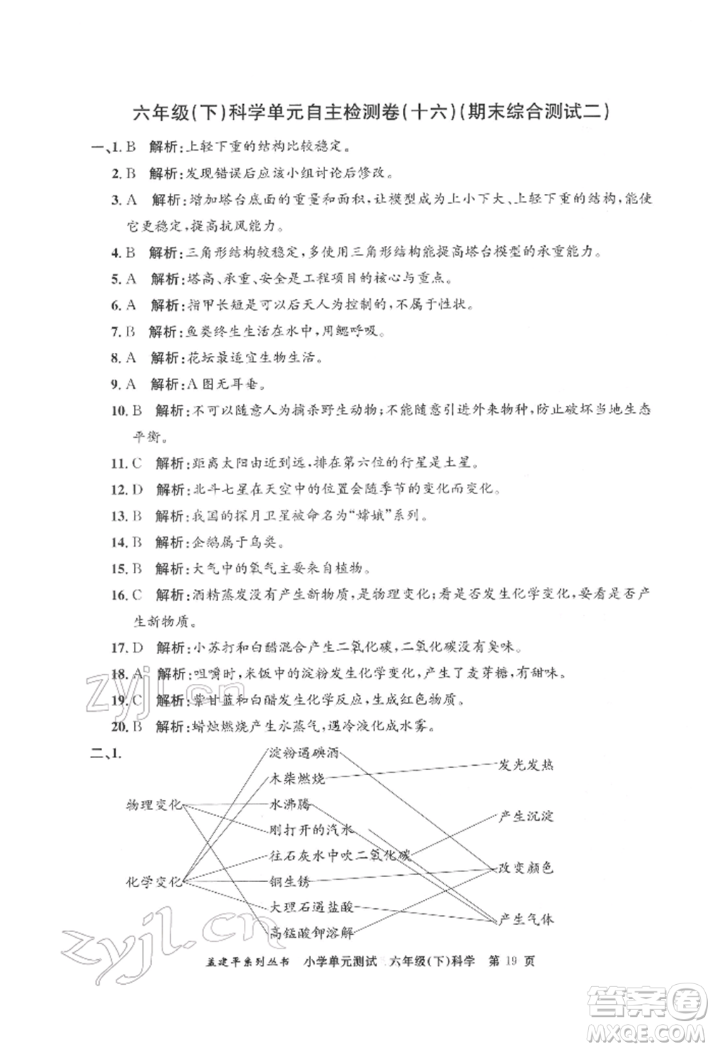 浙江工商大學(xué)出版社2022孟建平系列小學(xué)單元測試六年級下冊科學(xué)教科版參考答案