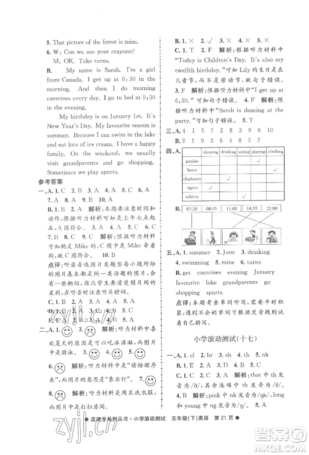 浙江工商大學(xué)出版社2022孟建平系列小學(xué)滾動(dòng)測(cè)試五年級(jí)下冊(cè)英語(yǔ)人教版參考答案