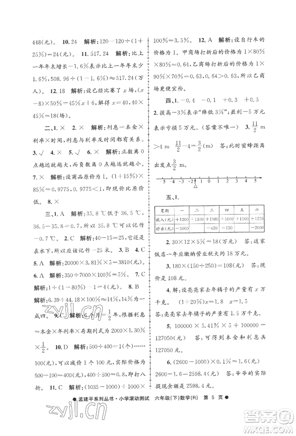 浙江工商大學(xué)出版社2022孟建平系列小學(xué)滾動測試六年級下冊數(shù)學(xué)人教版參考答案