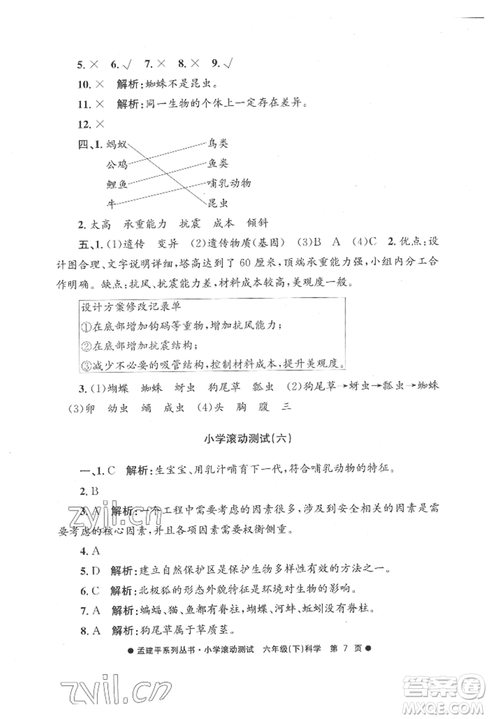 浙江工商大學(xué)出版社2022孟建平系列小學(xué)滾動(dòng)測(cè)試六年級(jí)下冊(cè)科學(xué)教科版參考答案