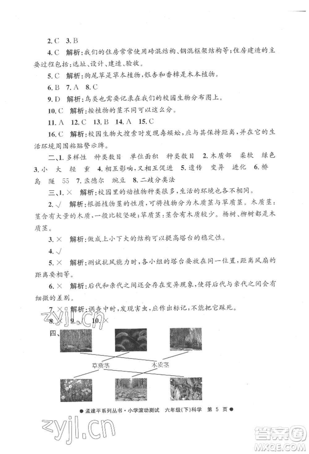 浙江工商大學(xué)出版社2022孟建平系列小學(xué)滾動(dòng)測(cè)試六年級(jí)下冊(cè)科學(xué)教科版參考答案